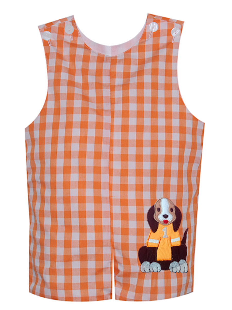 Orange Gingham Shortall with Dog Applique