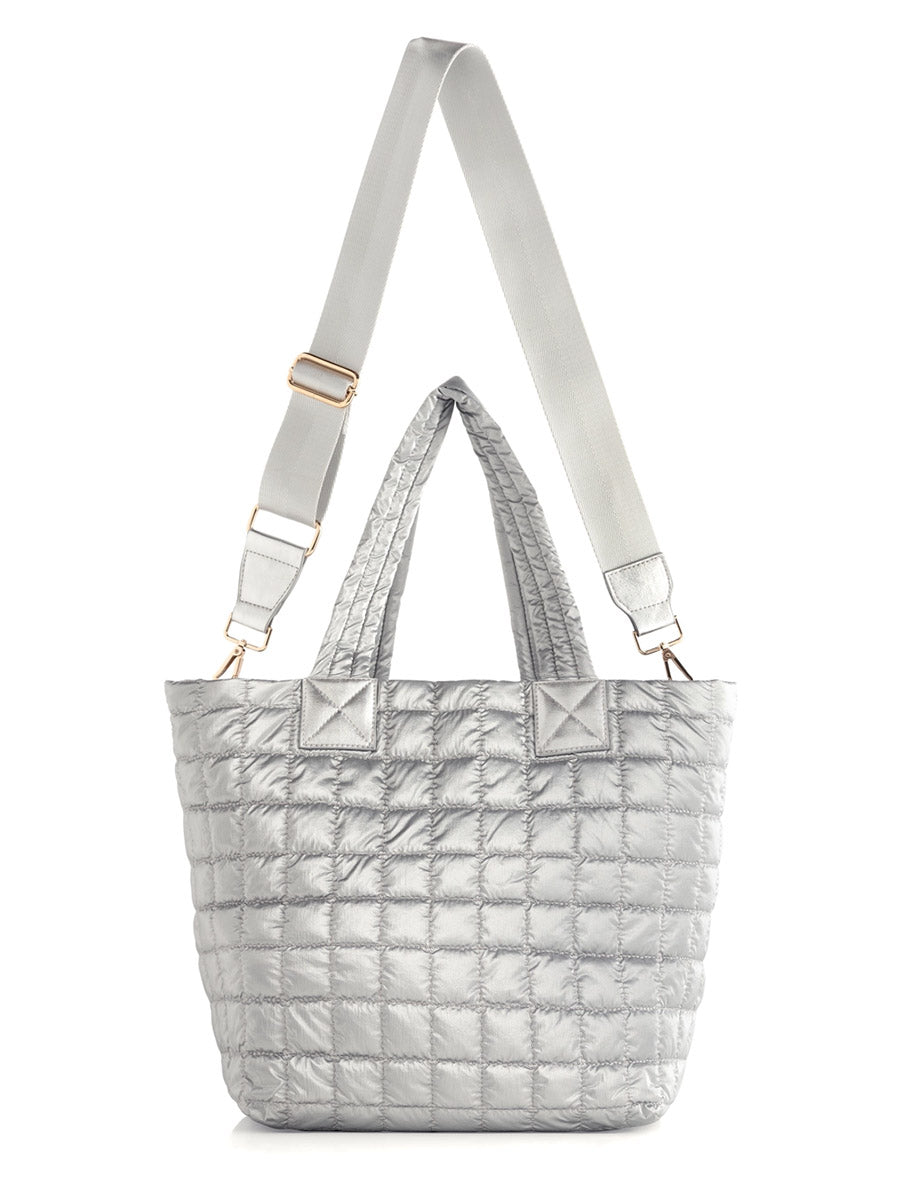 Silver Quilted Tote with Handles and Strap