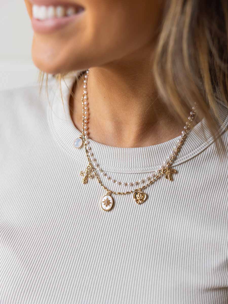 Gold and Pearl Charm Necklace