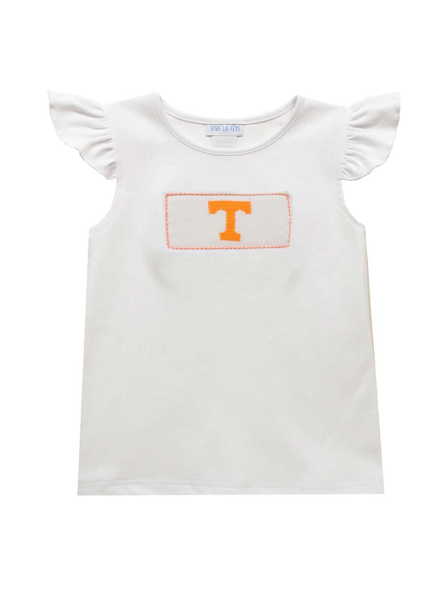 White t-shirt with orange Power T logo
