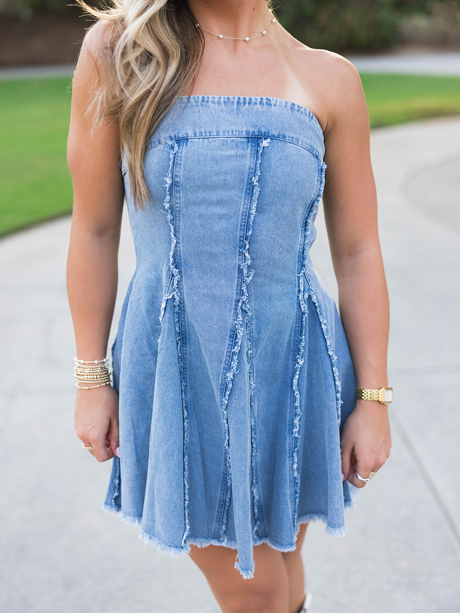 Strapless Denim Mini Dress with Raw Edges (3 Colors)