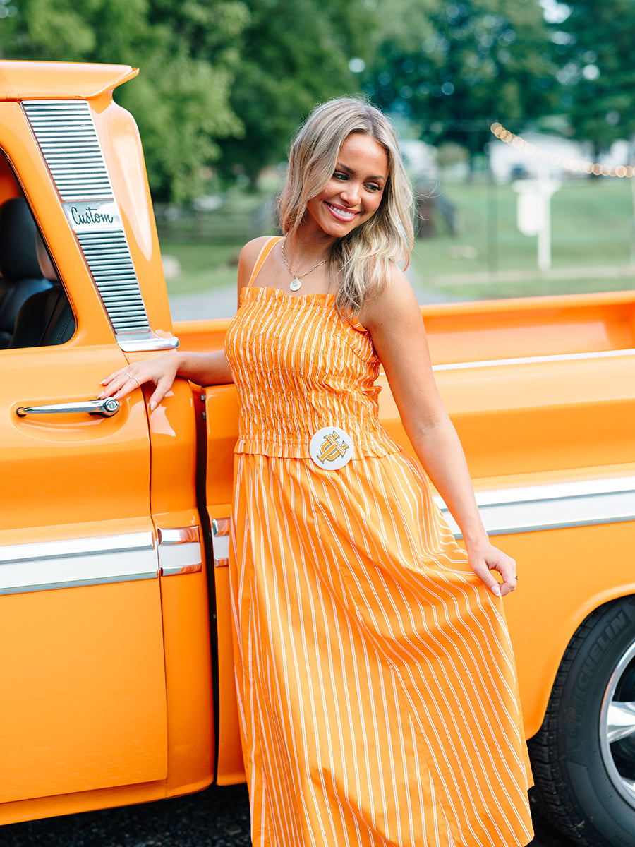 Orange Pinstriped Midi Dress