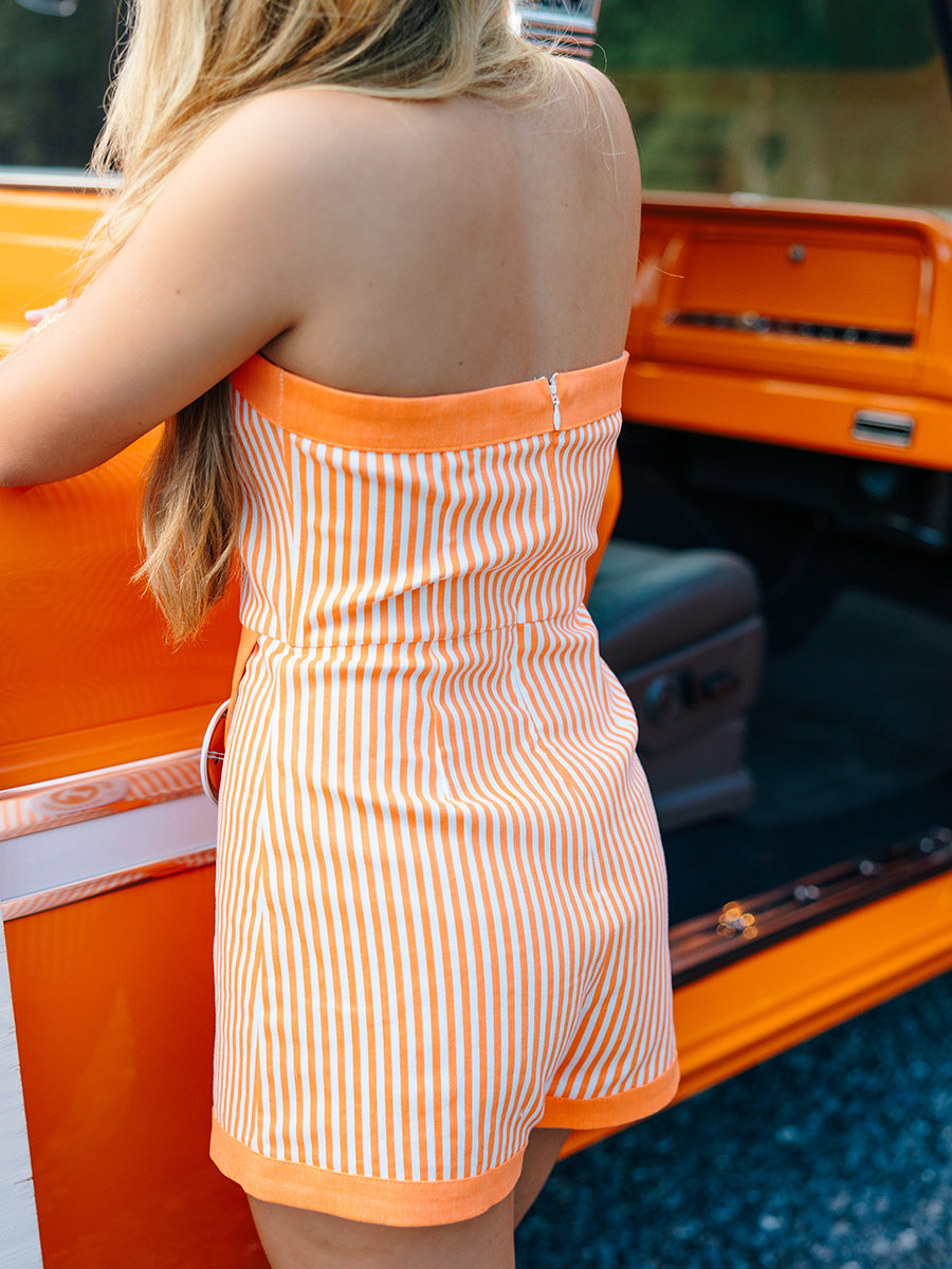 Orange & White Strapless Denim Romper