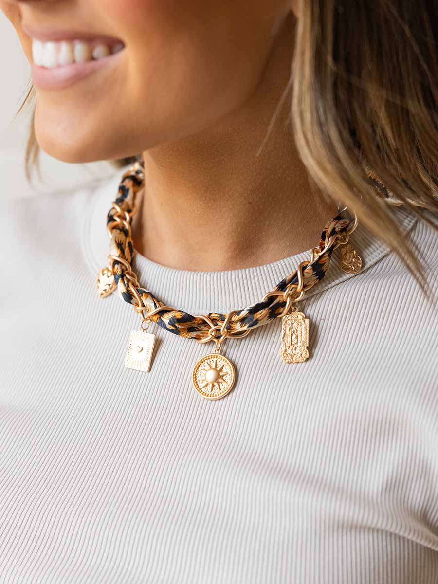 Cheetah Scarf Necklace w/ 5 Charms **Doorbuster**