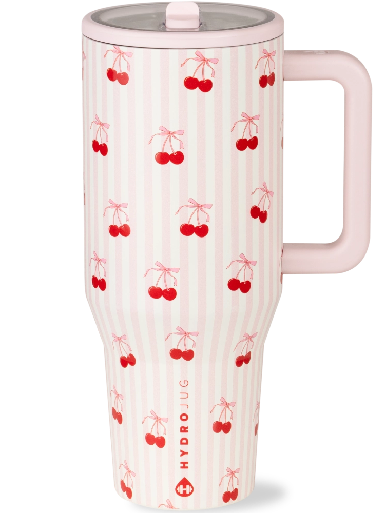 Pink and White Stripe Cherries Travel Tumbler