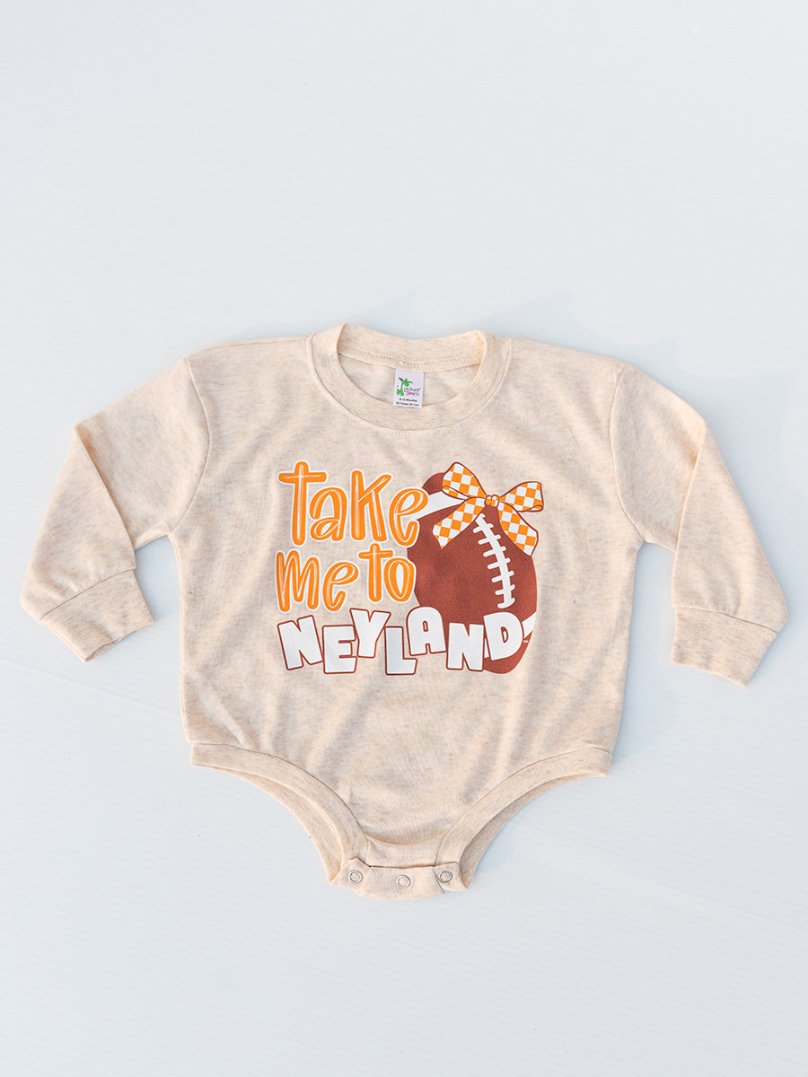 cream onesie that says "Take me to Neyland"