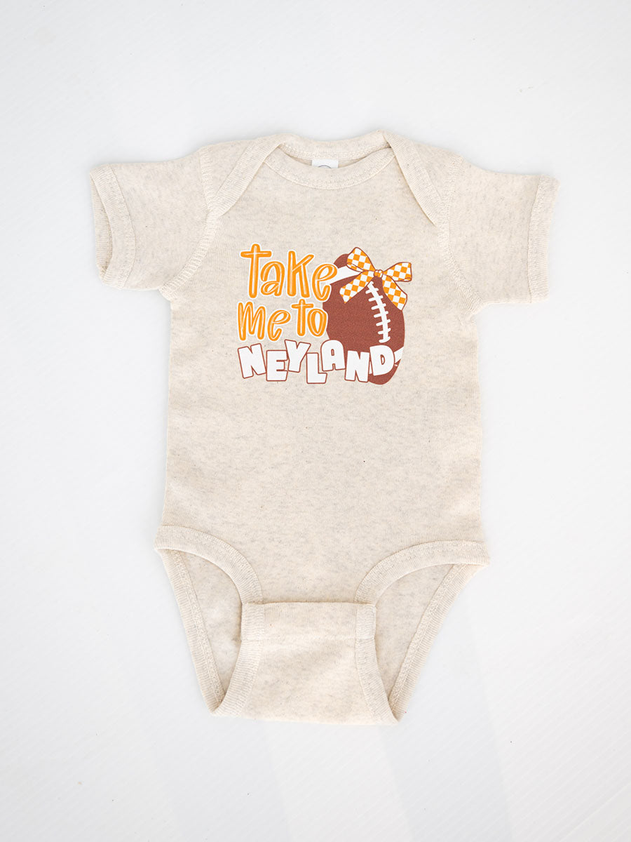 cream onesie that says "Take me to Neyland"