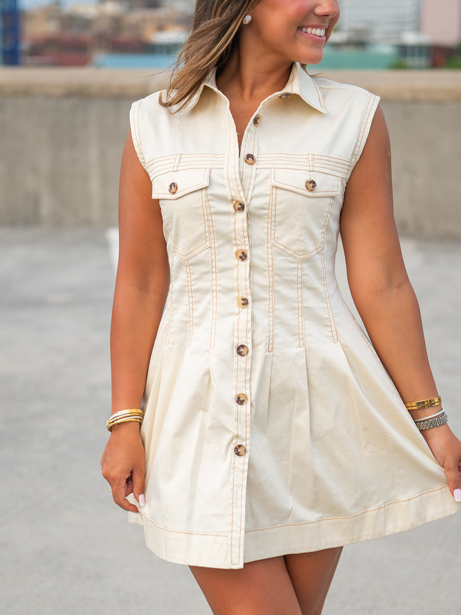 Tan Collared Button-Down Mini Dress