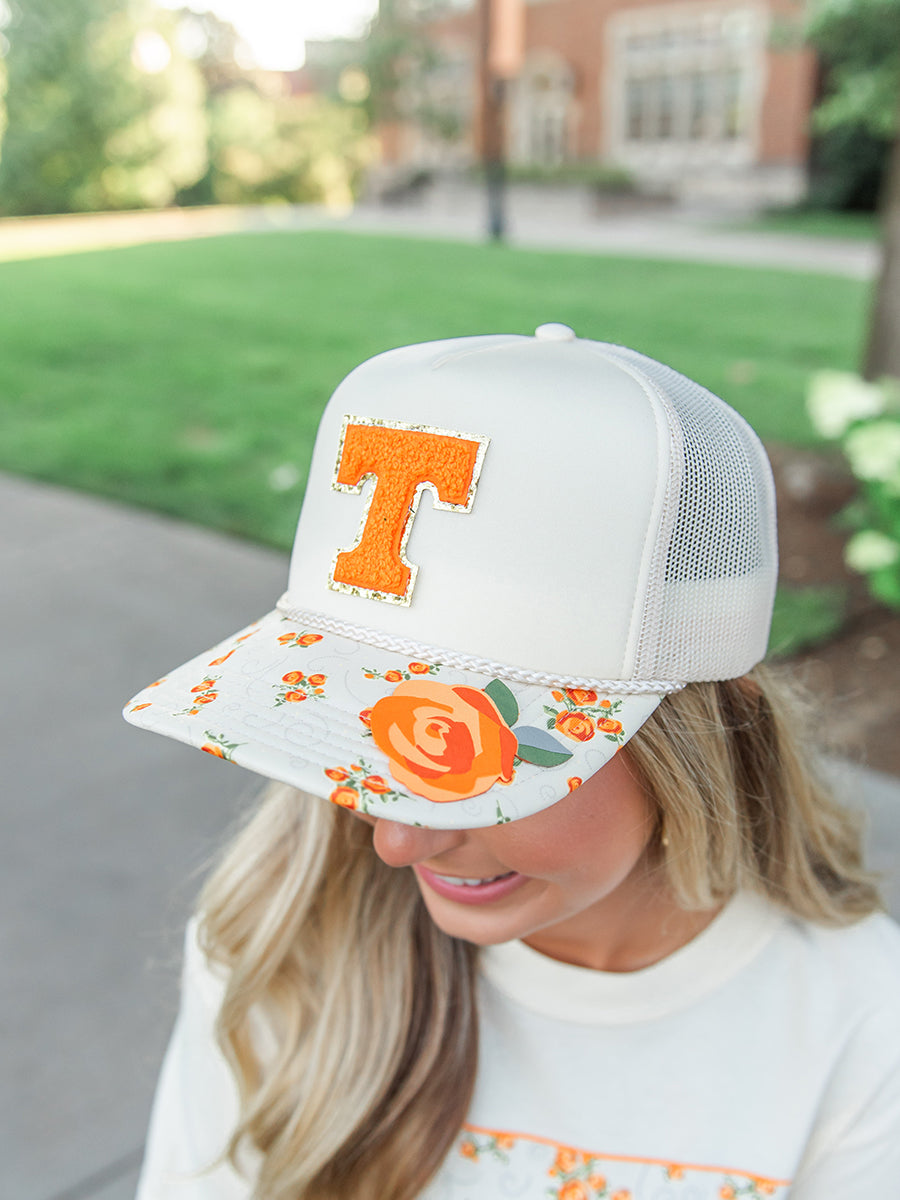 Tan Trucker Hat with Orange Floral Bill