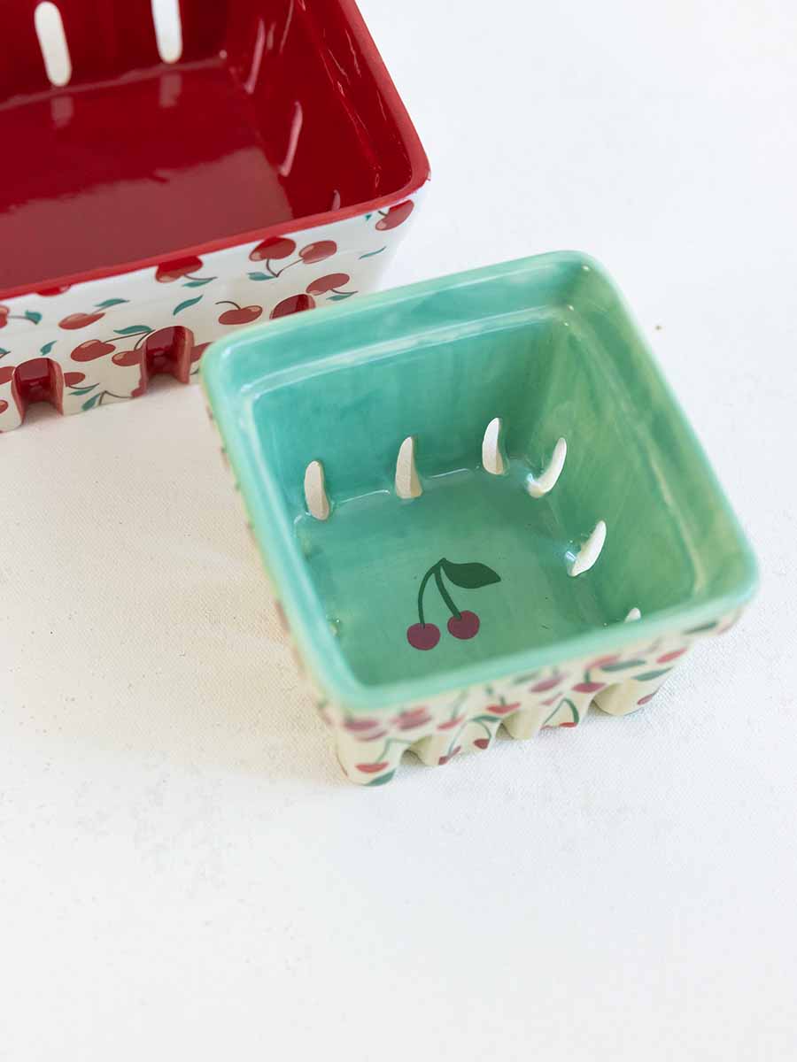 Ceramic Cherry Berry Basket, Blue Inside