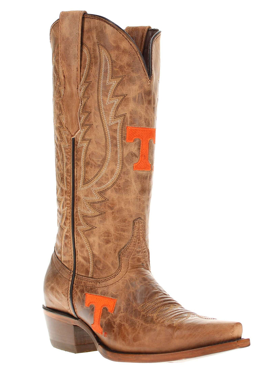 Brown cowboy boot with orange Power T