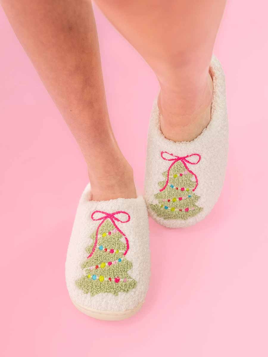 Pink Bow Christmas Tree Slippers **Doorbuster**