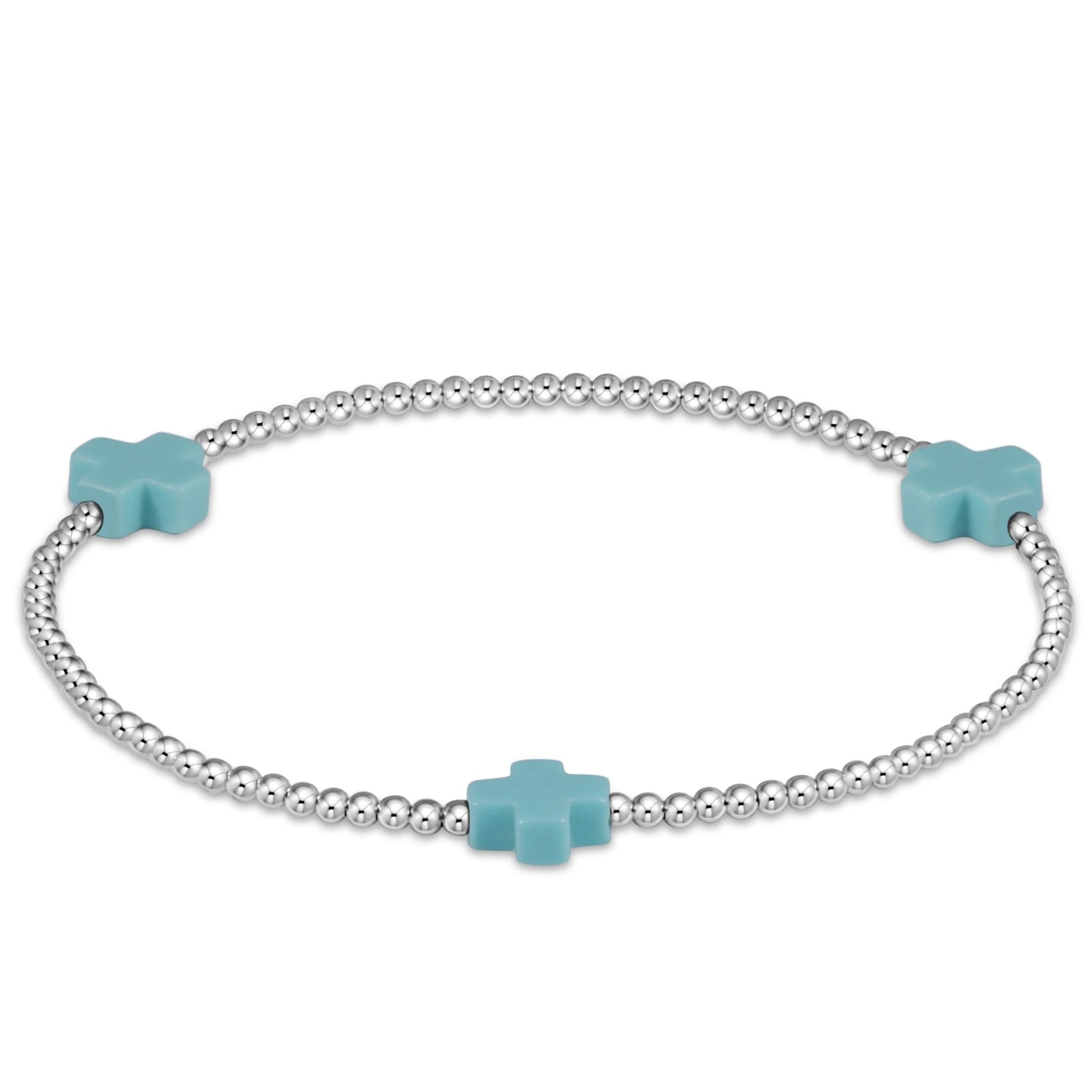 E-Newton Three Turquoise Cross Charms on Silver Beaded Bracelet