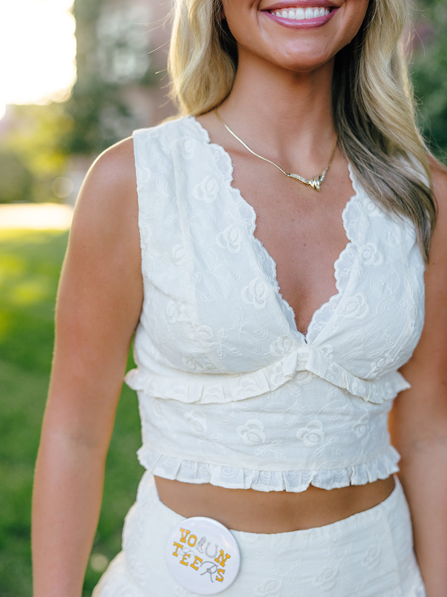 Cream Textured Floral Ruffle Crop Top