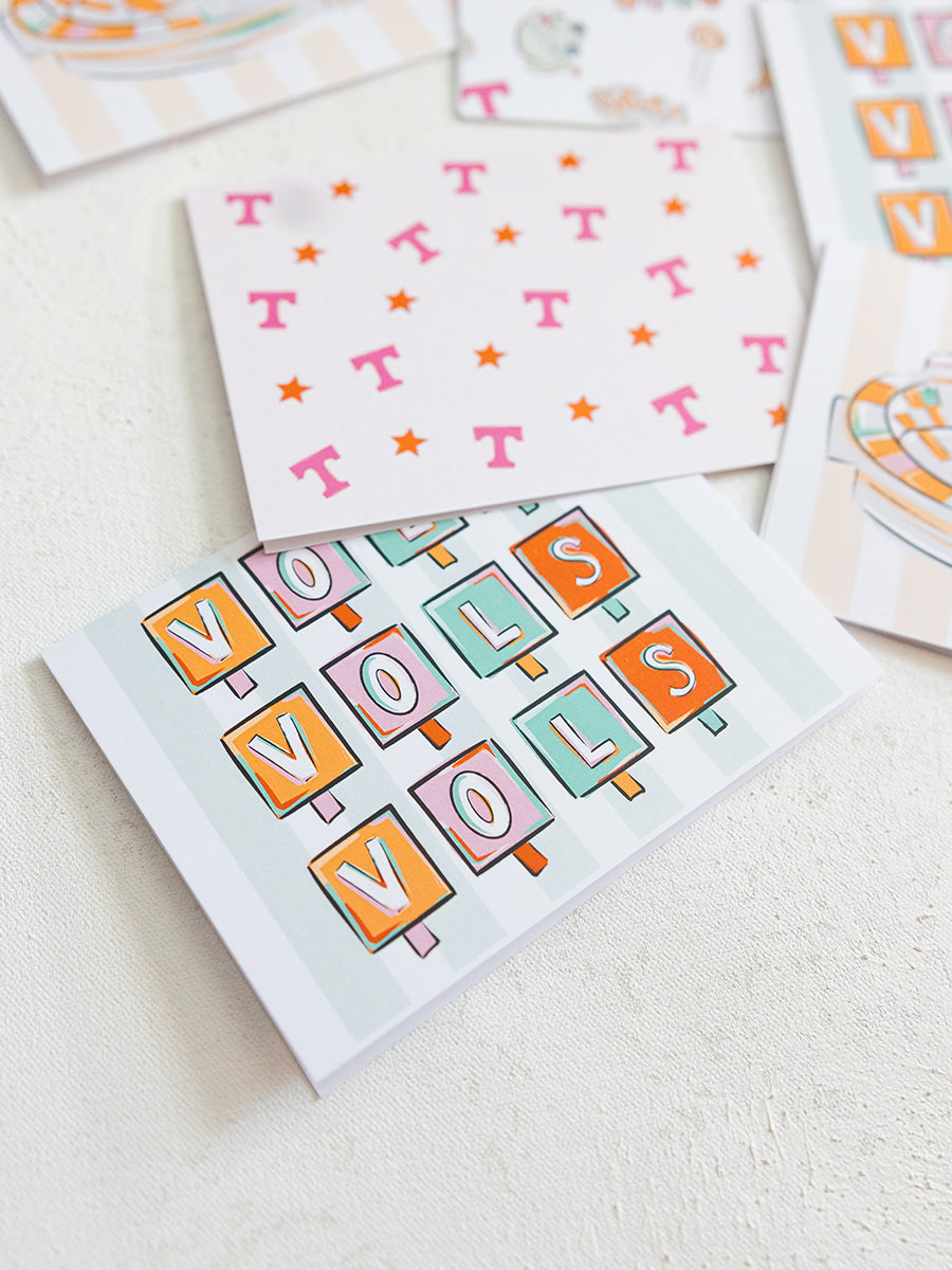 Note cards with VOLS, Power T and stas
