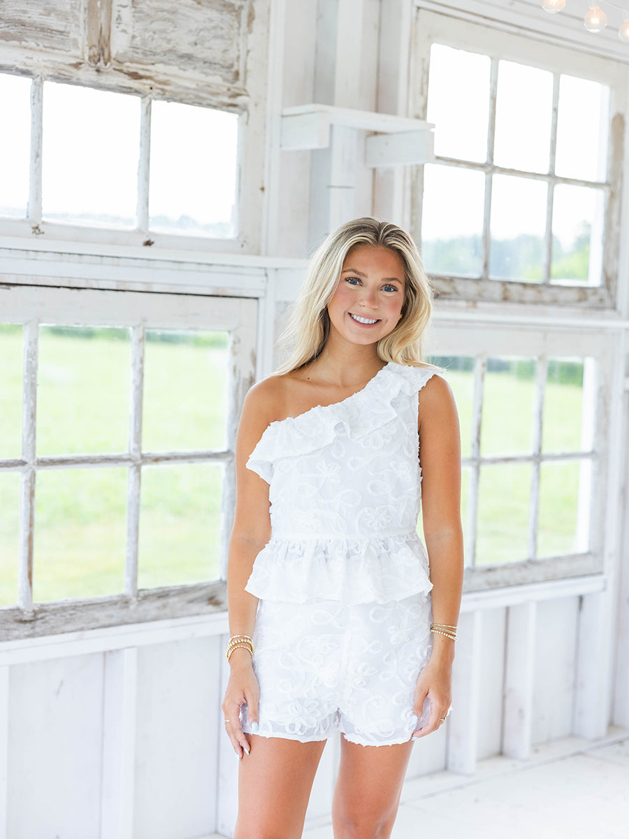 White Asymmetrical Peplum Top and Shorts Set