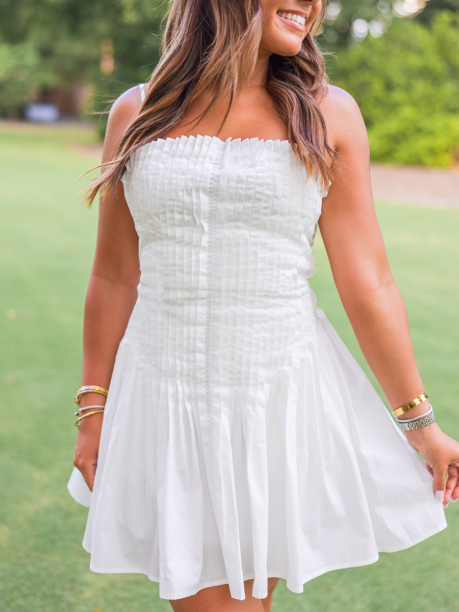White Pleated Flared Mini Dress