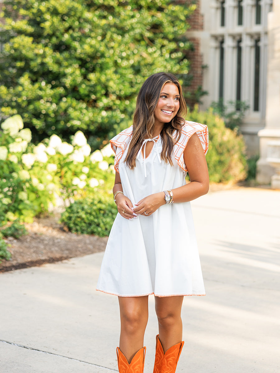 White & Orange Embroidered Flutter Poplin Mini Dress