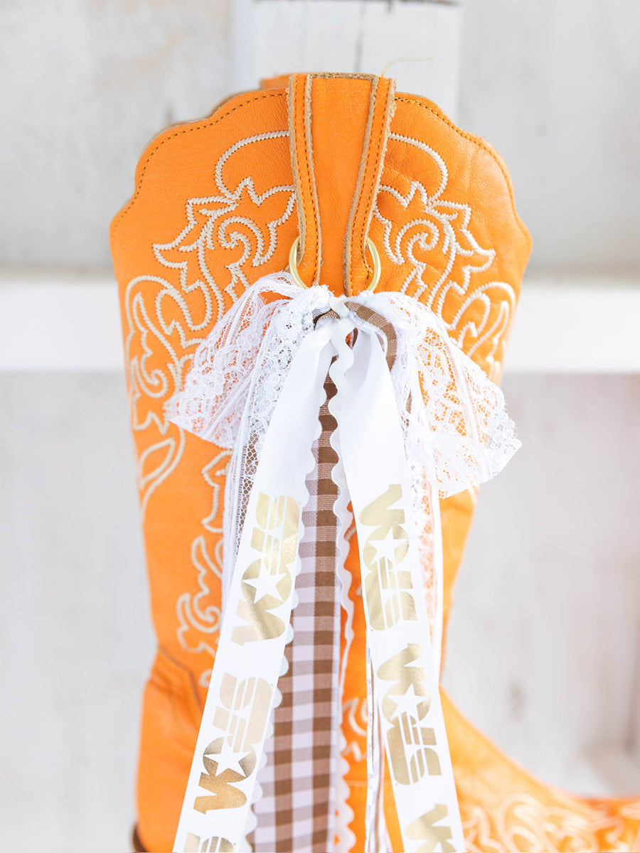 White & Gold "Vols" Star and Brown Gingham Ribbon Boot Bows
