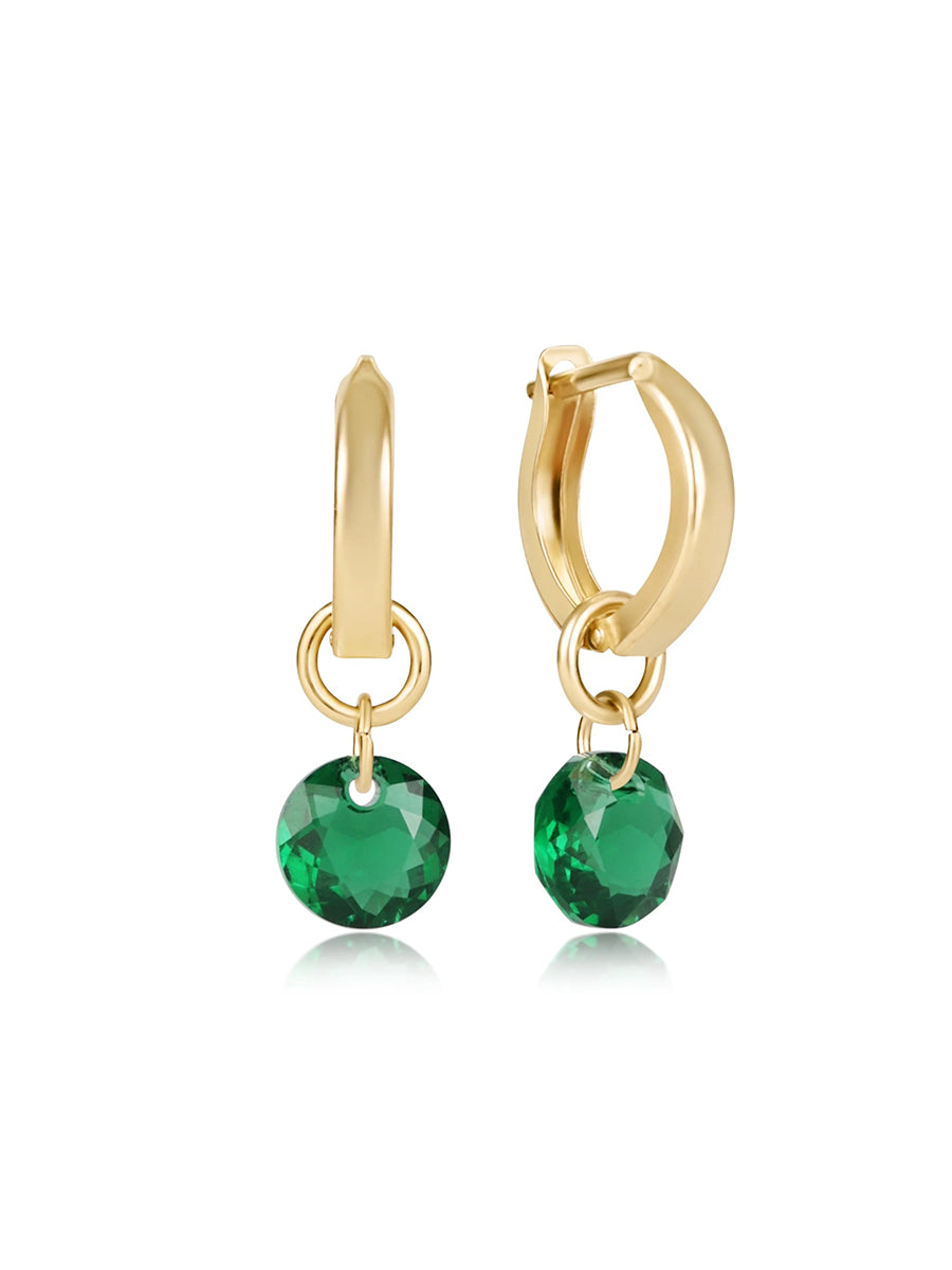 Gold Emerald Green Charm Hoop Earrings
