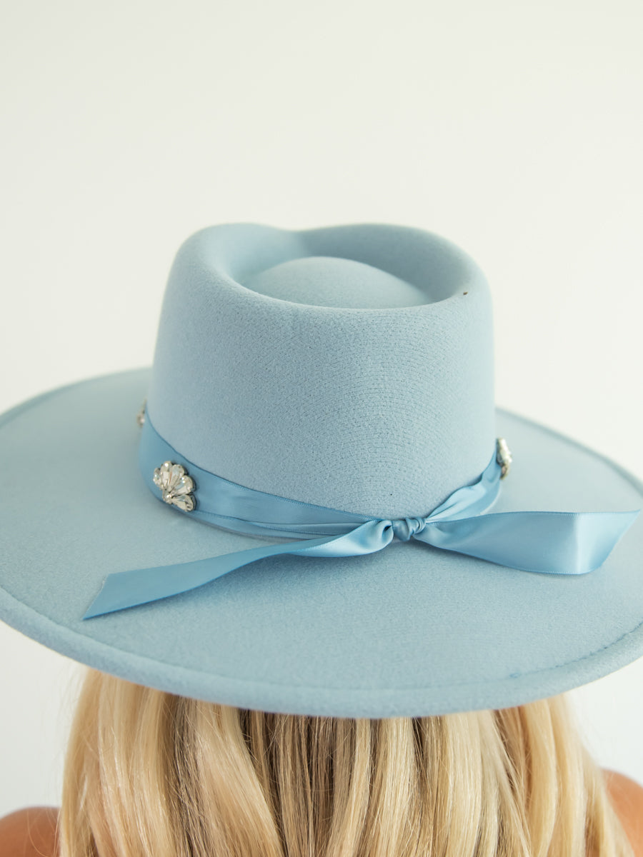 Soft Blue Fedora with Blue Ribbon Band and Back Bow