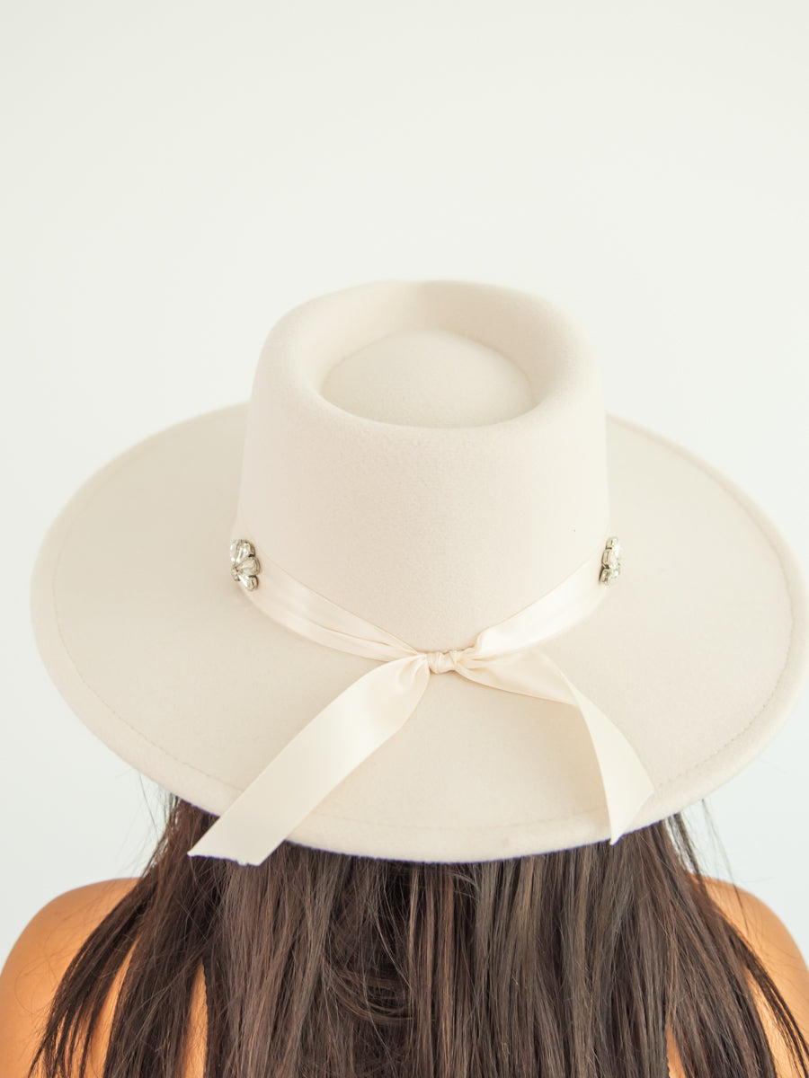Off-White Fedora with Blue Ribbon Band and Back Bow