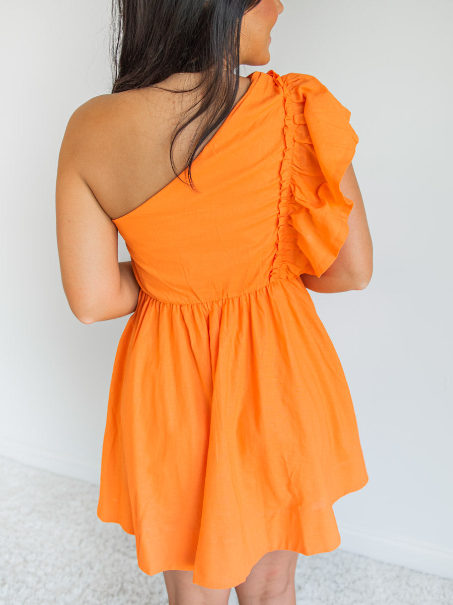 Ruffle One Shoulder Dress in Orange