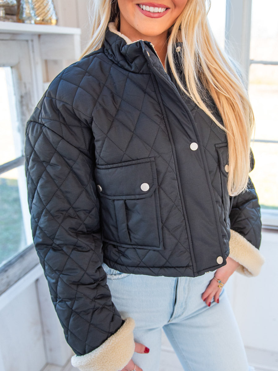 Black Bomber Jacket with Sherpa Lining