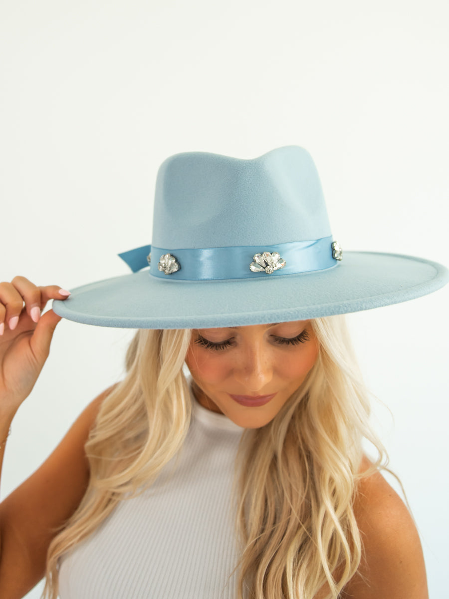 Pale Blue Fedora with Diamond Accents on Ribbon Band