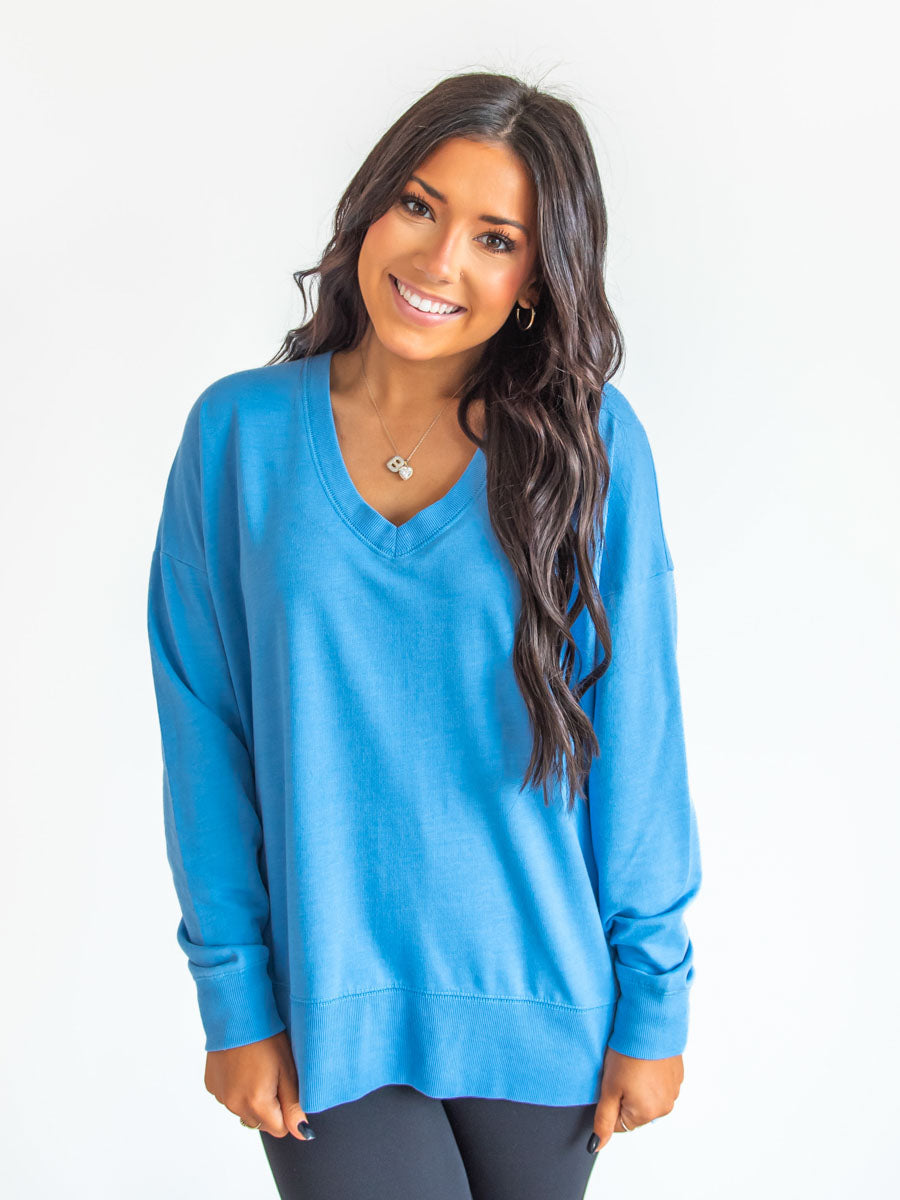 Oversized Blue V-Neck Pullover