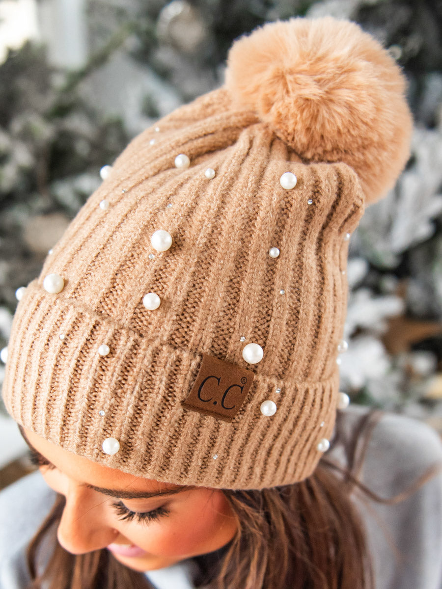 Tan Pom CC Beanie with Pearl Accents