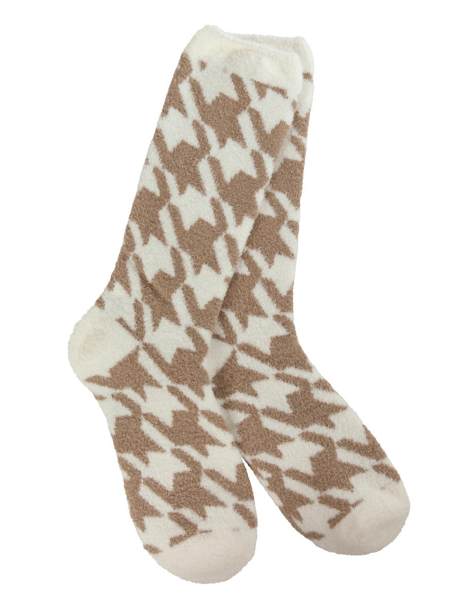 Cream Socks with Brown Houndstooth Pattern