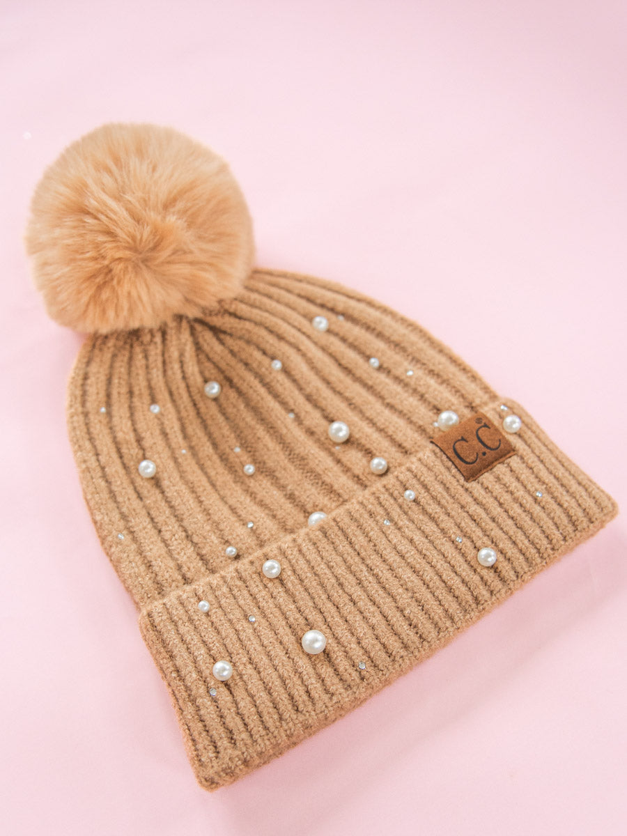 Brown Pom CC Beanie with Pearl Accents
