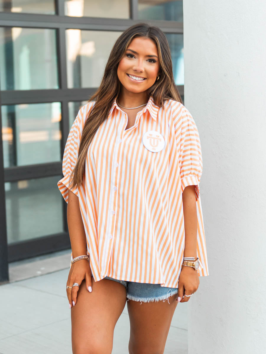 Orange Striped Oversized Button-Down Shirt