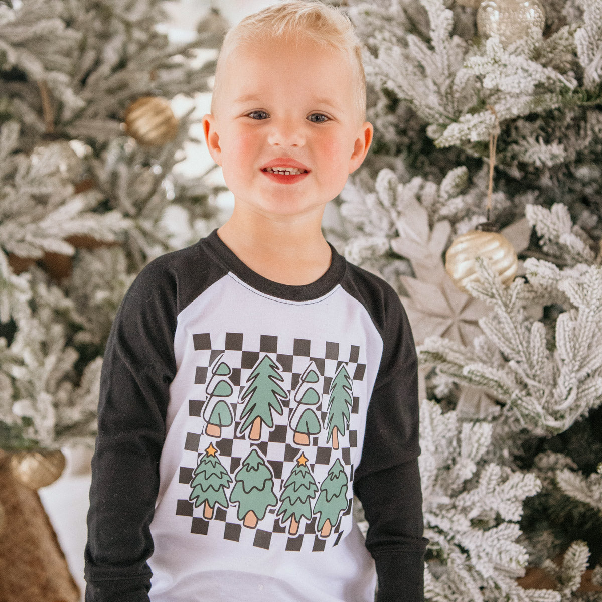 Youth & Toddler Checkerboard Christmas Tree Raglan