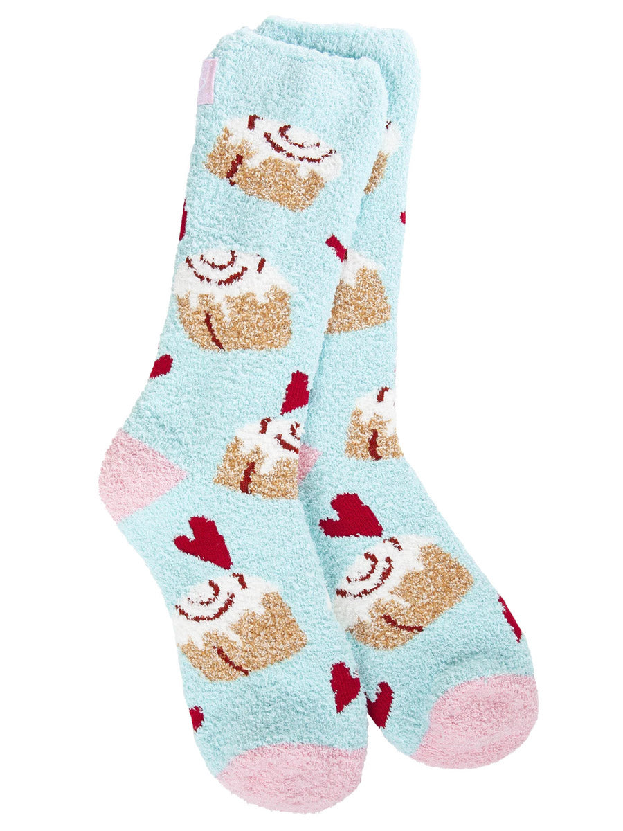 Soft Blue Socks with Cinnamon Buns and Hearts Design