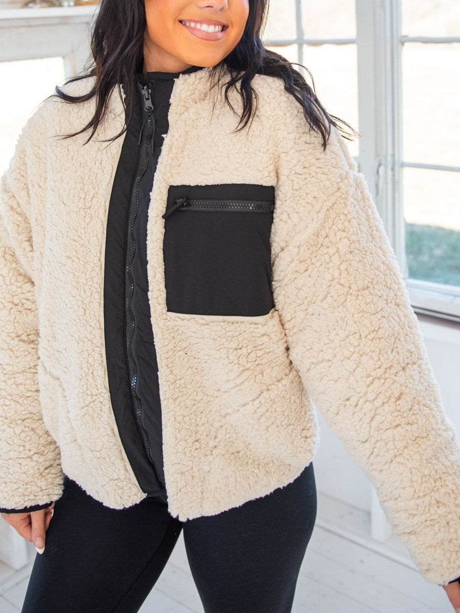 Off-White Sherpa with Black Zipper and Pocket