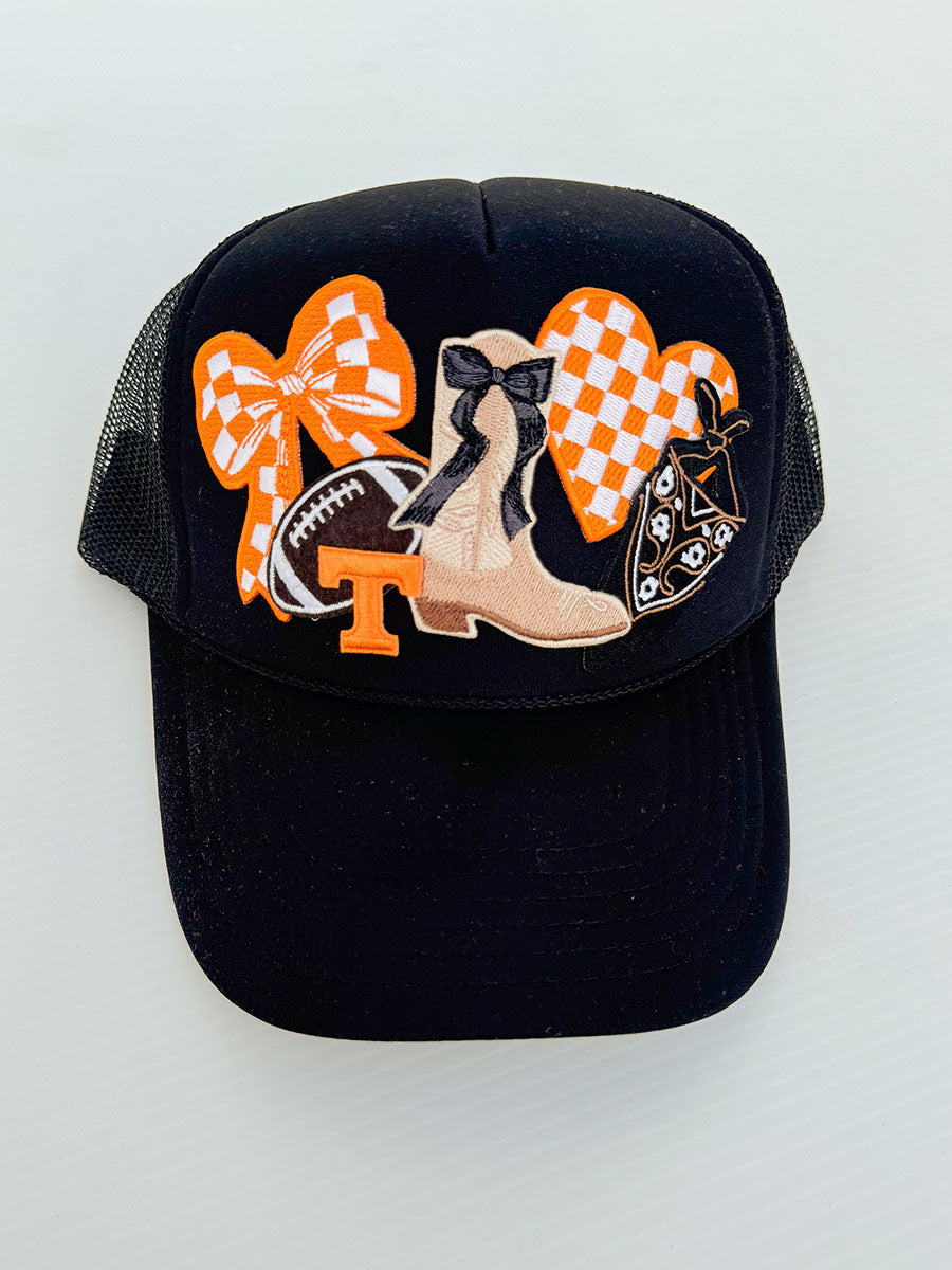 Black trucker hat with boot and Tennessee patches