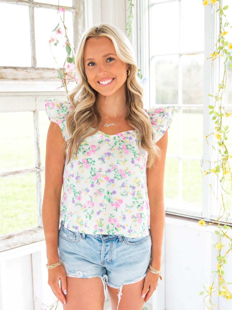 Cream Floral Sweetheart Top