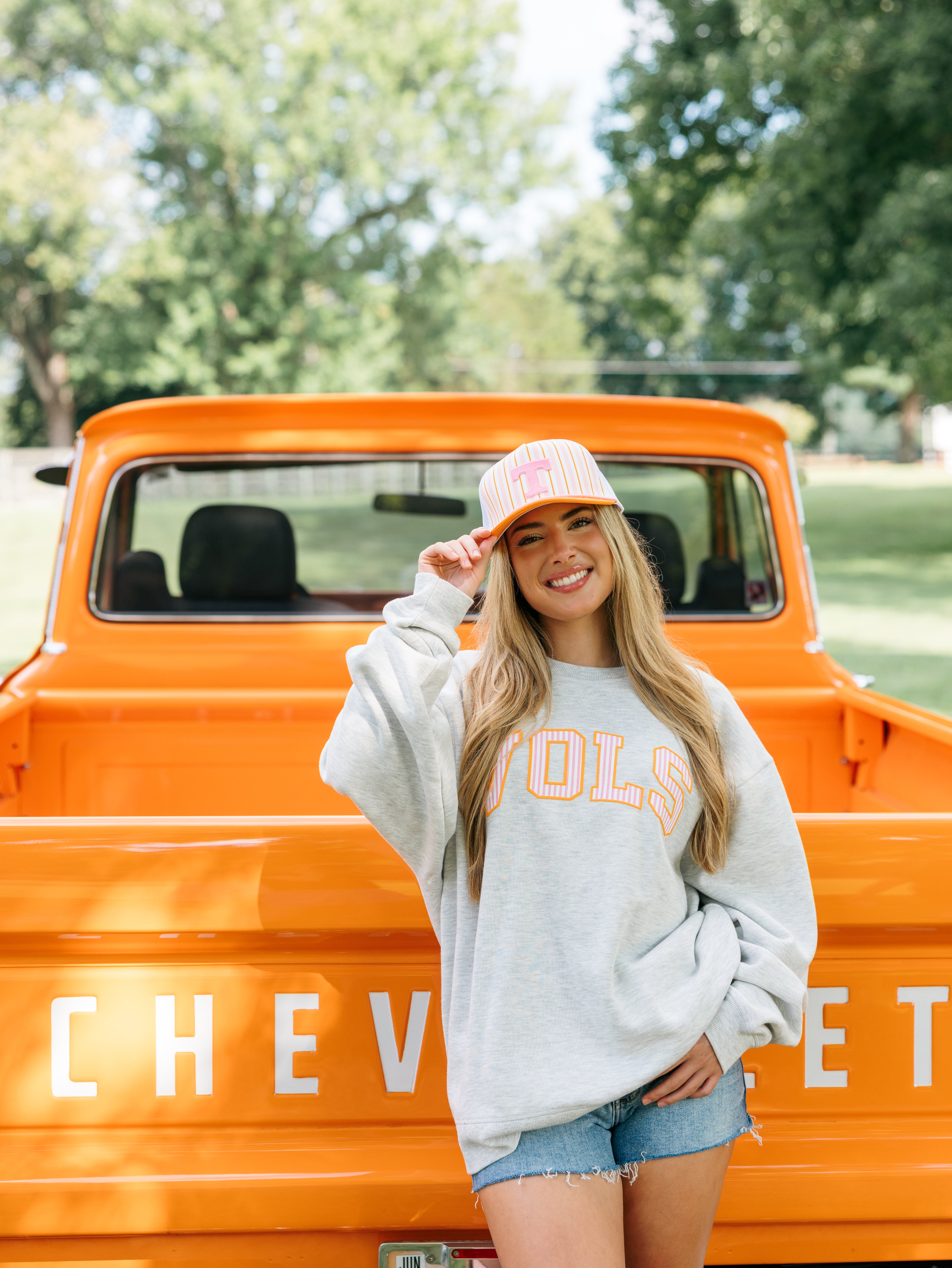 Vols Pink Pinstripe Crew Sweatshirt, Grey
