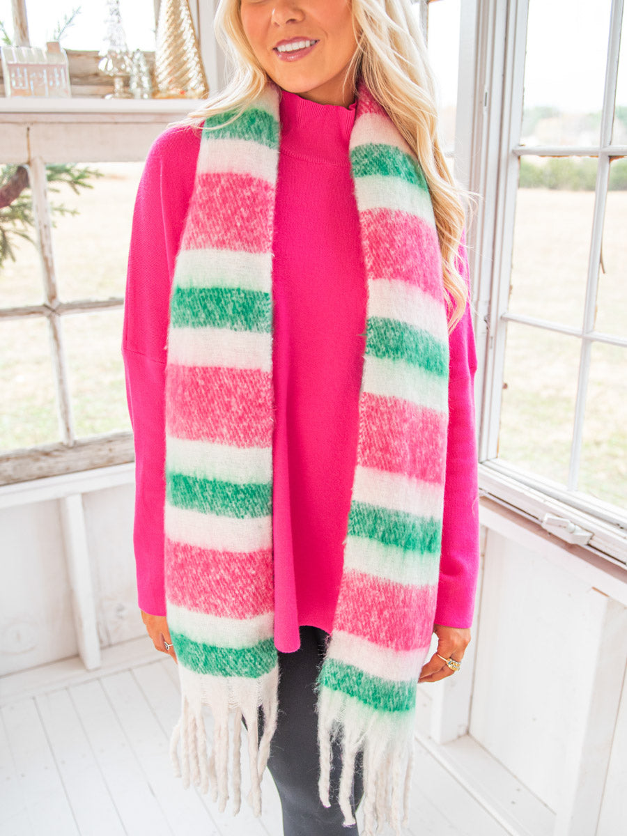 Green and Pink Striped Scarf with Chunky Fringe