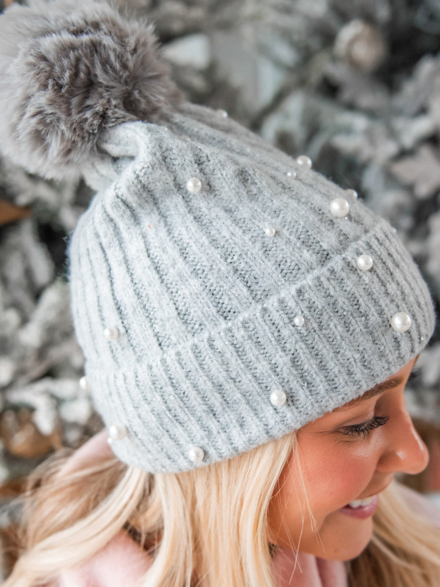 Light Grey Pom Beanie with Pearl Accents
