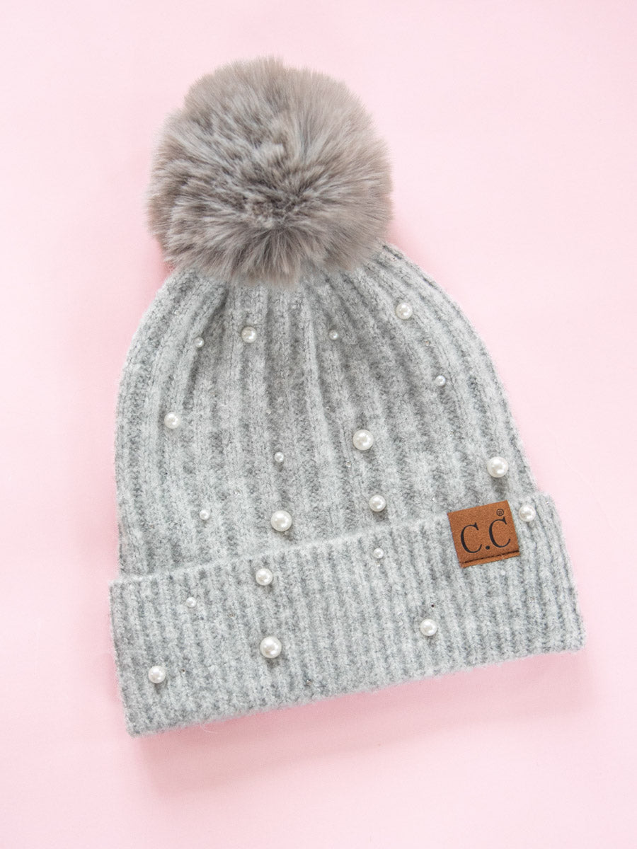 Light Grey Pom CC Beanie with Pearl Accents