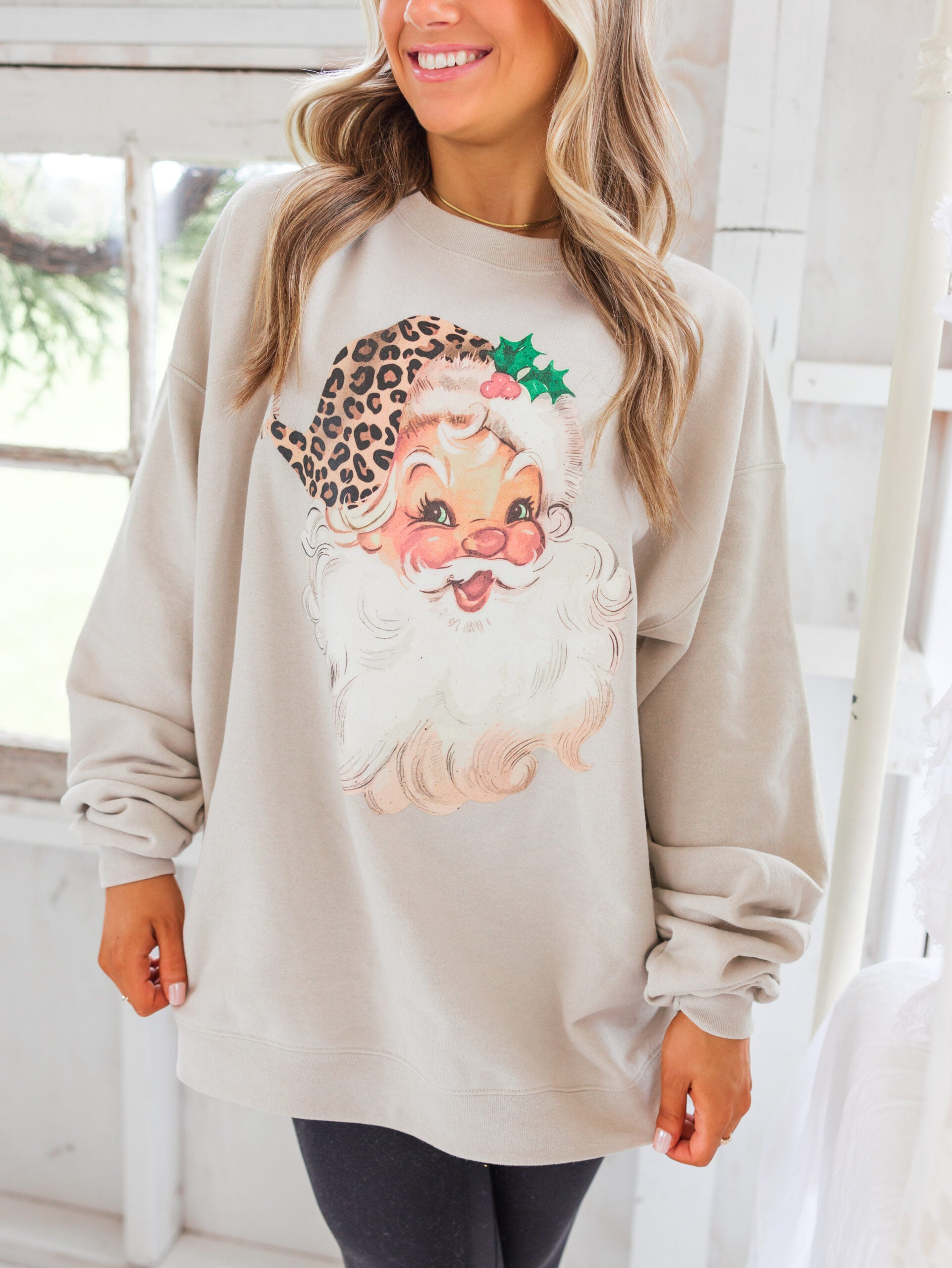 Leopard Santa Hat Crew Sweatshirt, Sand