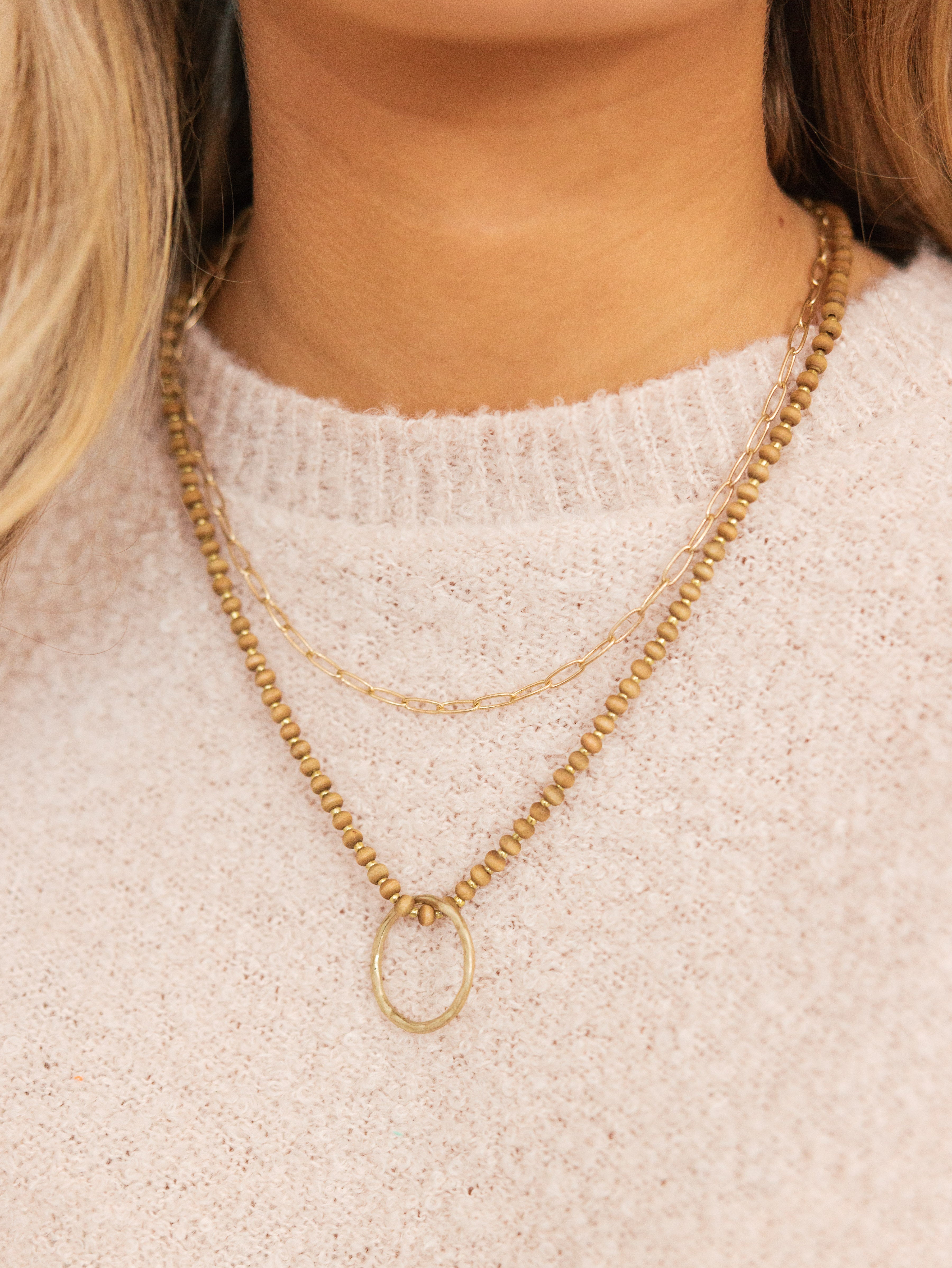 Mixed wood bead and gold chain necklace