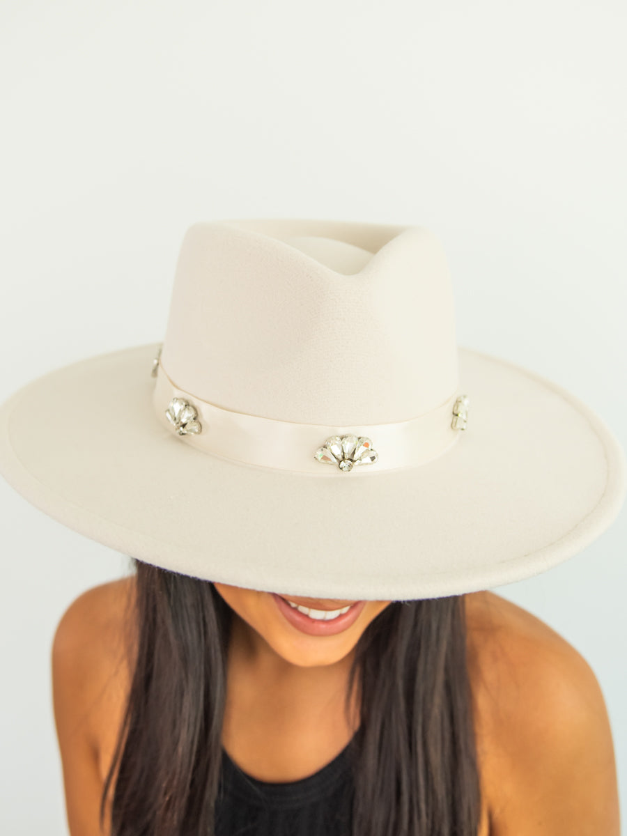 Off-White Fedora with Blue Ribbon Band and Sparkle Accents
