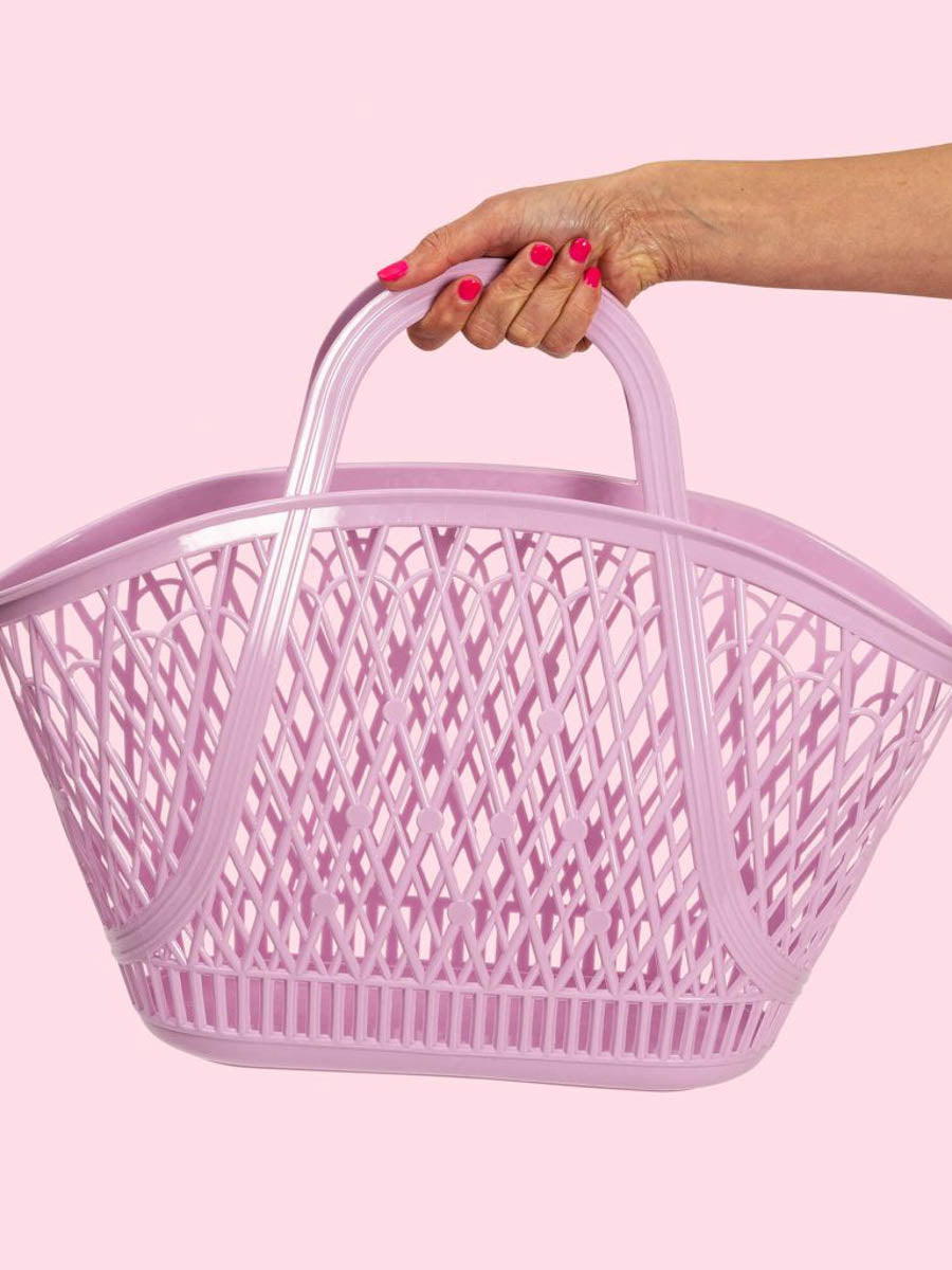 Purple open weave basket tote