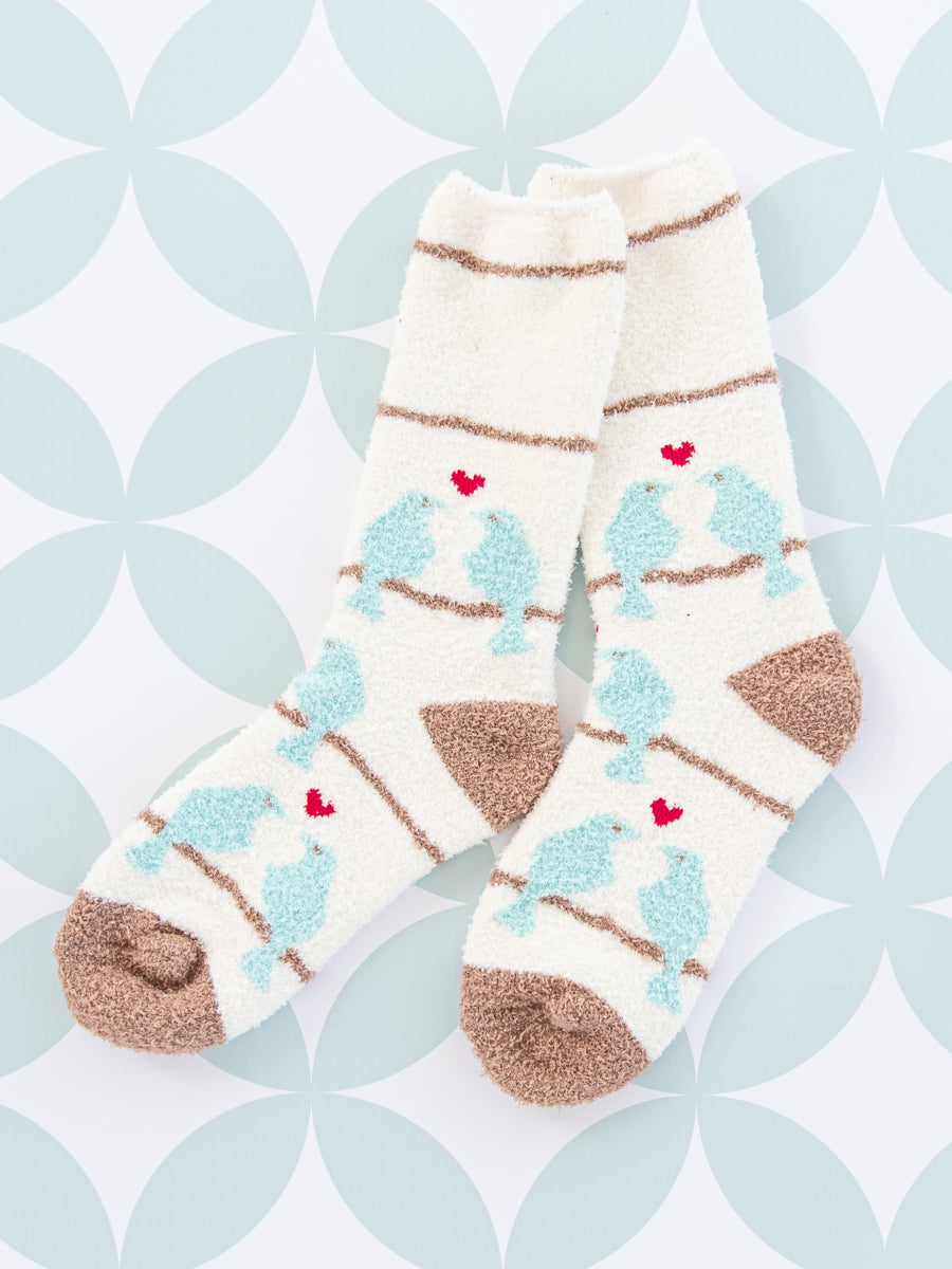World's Softest Socks with Aqua Lovebirds and Red Hearts