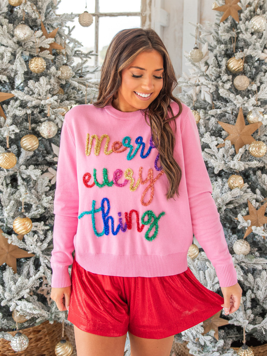Pink Crew Sweater with 3D Colorful Lettering "Merry Everything"