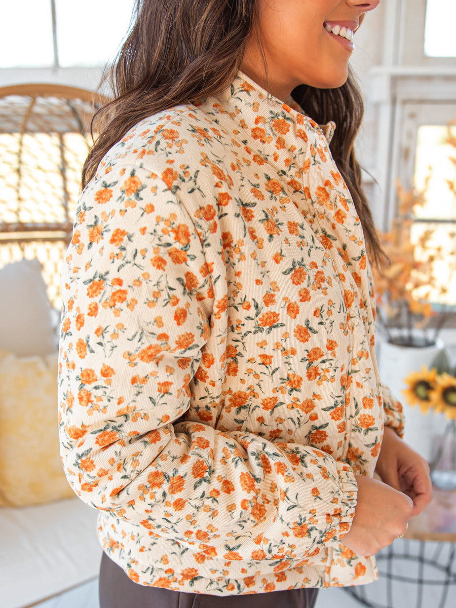 Marigold Floral Corduroy Puffer Jacket